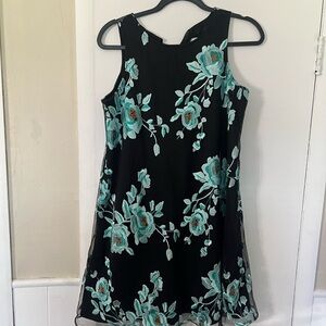 Beige by eci Black Dress with Teal Floral Embroidery